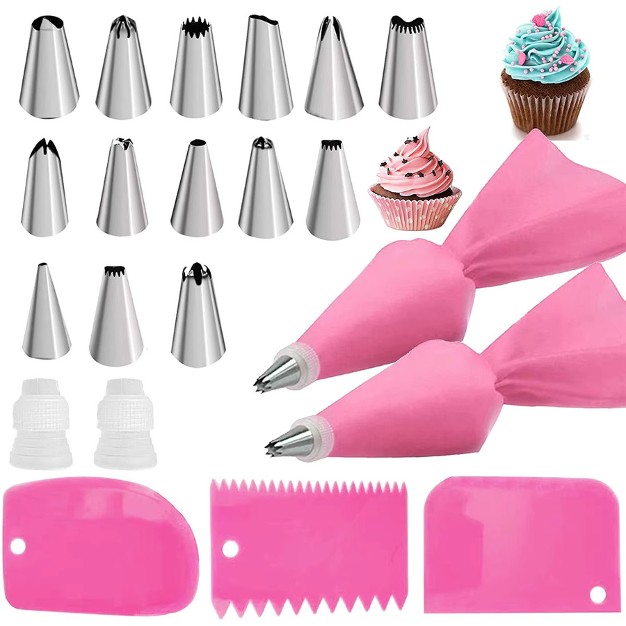Wiederverwendbares Spritzbeutel-Set aus Silikon mit Edelstahl-Spritzdüsen in Pink zum Dekorieren von Kuchen und Gebäck - Bild 2