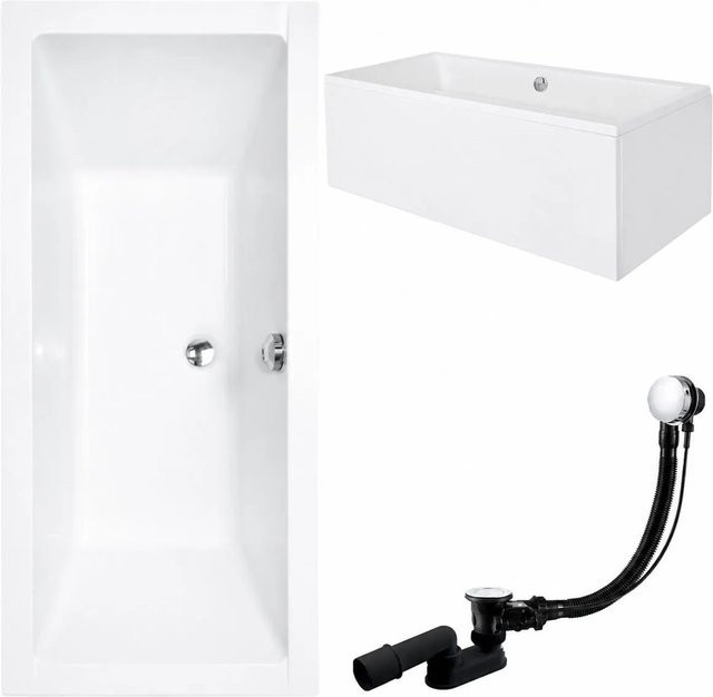 KOLMAN Badewanne Rechteck in Weiß mit Acrylschürze, Bambus-Badewannenablage, Kopfstütze Kodi, Ablauf und Füßen B/T: 155 x 70 cm - Bild 1