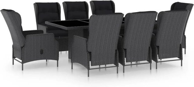 vidaXL 9-tlg Garten-Essgruppe aus Poly Rattan mit Auflagen in Dunkelgrau und Schwarz - Bild 1