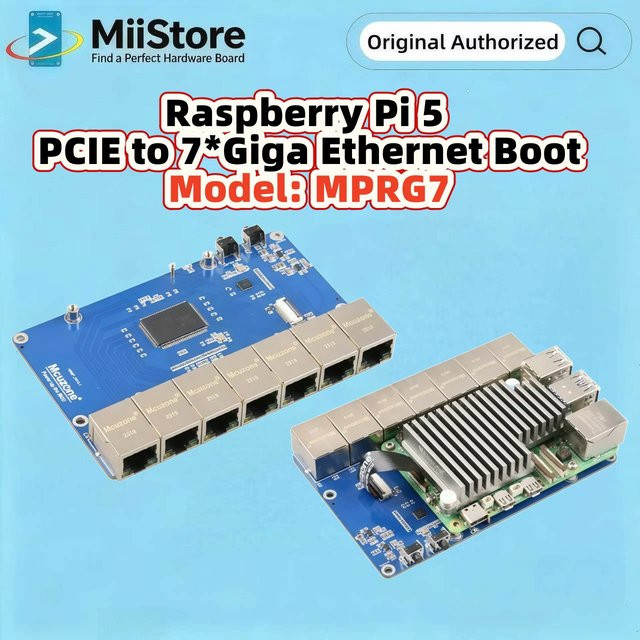MiiBestOD MPRG7 Raspberry Pi 5 PCIe zu 7x Giga Ethernet Board für Router, unterstützt Ubuntu, RPi OS und OpenWRT, Blau - Bild 1