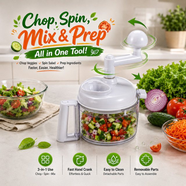Multifunktionaler manueller Lebensmittelzerkleinerer von PGY in Weiß mit Handkurbel als Gemüseschneider, Salatschleuder und Mixer - Bild 1
