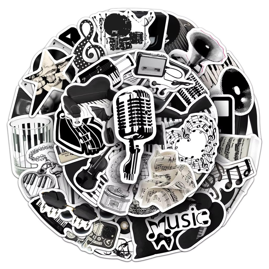 50 Stück wasserfeste Musik-Aufkleber im INS-Stil in Schwarz und Weiß von LanLanStickersWorld Store für Handyhüllen und Tagebücher - Bild 5
