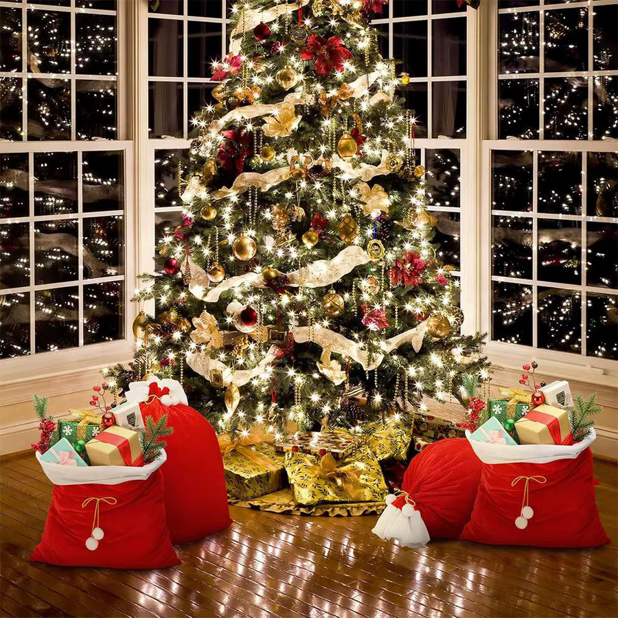 Rote Weihnachts-Geschenktüten aus Samt mit Kordelzug im Weihnachtsmann-Design - Bild 4