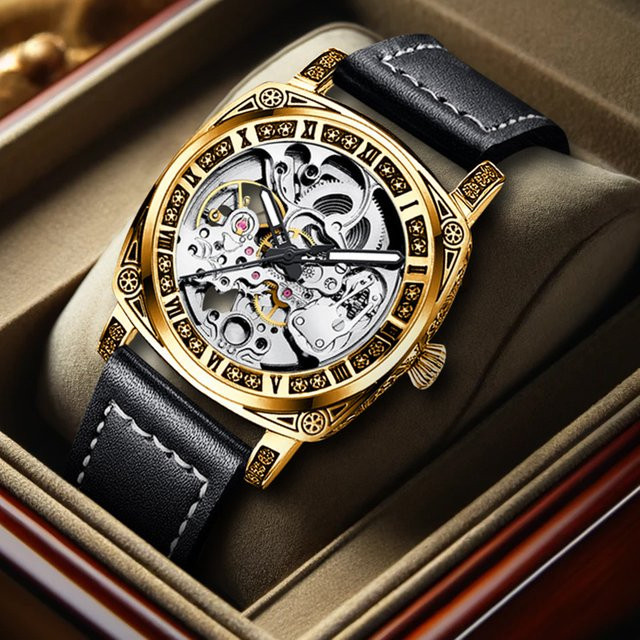 CAROTIF Armbanduhr, mechanisch, Messing Gold, weißes Zifferblatt, Lederarmband Schwarz, Herren - Bild 1