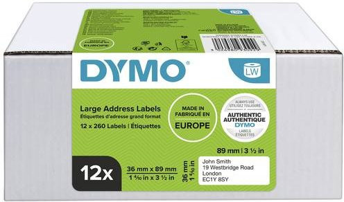 DYMO LabelWriter Adressetiketten VorteilsPack, Weiß, Papier, Permanent haftend, B: 89 mm, H: 36 mm, 12 Rollen - Bild 1