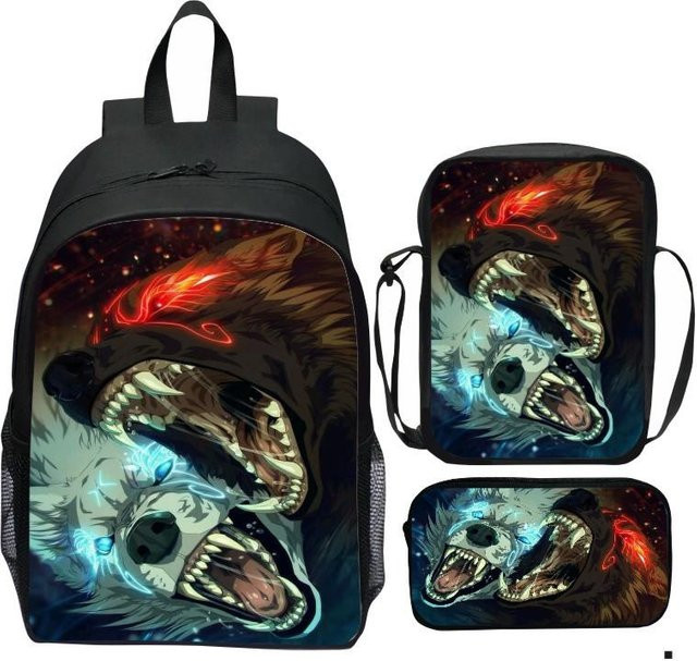 Fancy Style Studio Cartoon-Wolf Set bestehend aus Rucksack, Umhängetasche und Federmäppchen in Mehrfarbig - Bild 1