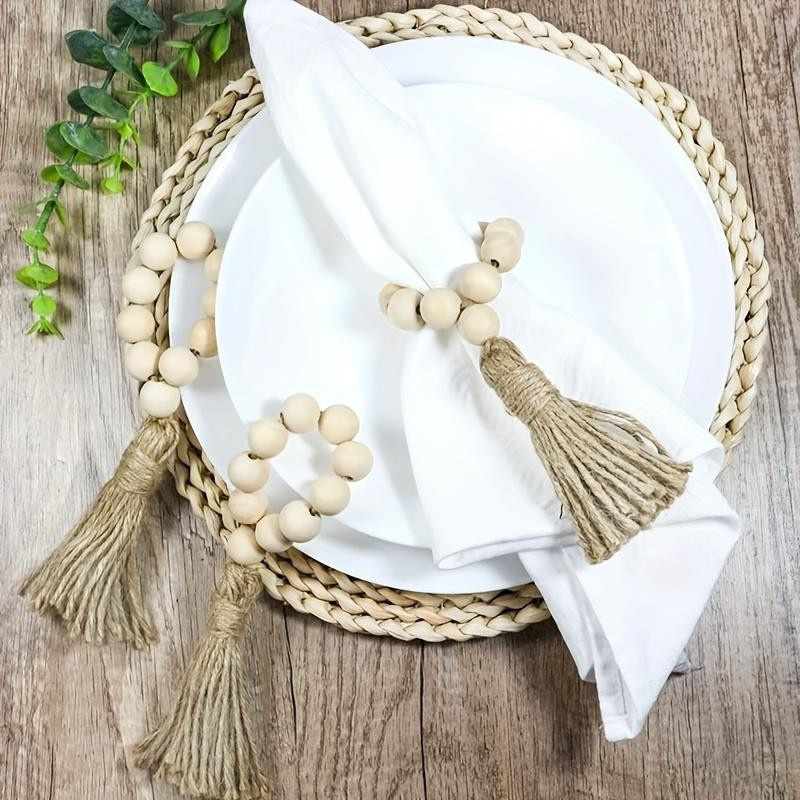 6 Stück Serviettenringe von SZ-Damai im Pastoralstil mit Holzperlenfransen und handgewebten Schnüren in Beige - Bild 2