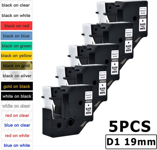 MrLabel 5er Set kompatible Dymo D1 Beschriftungsbänder 19 mm in Schwarz und Weiß für Dymo Labelmanager LM420P LM450D LM360D - Bild 1