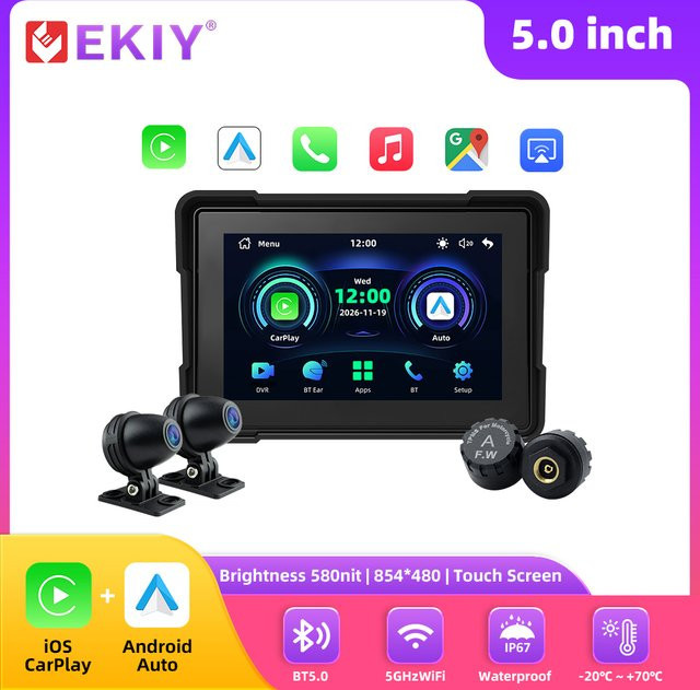 EKIY Tragbares 5 Zoll Motorrad-Navigationssystem mit Carplay und Android Auto, Wasserdichtes Moto GPS mit Bluetooth in Schwarz - Bild 1