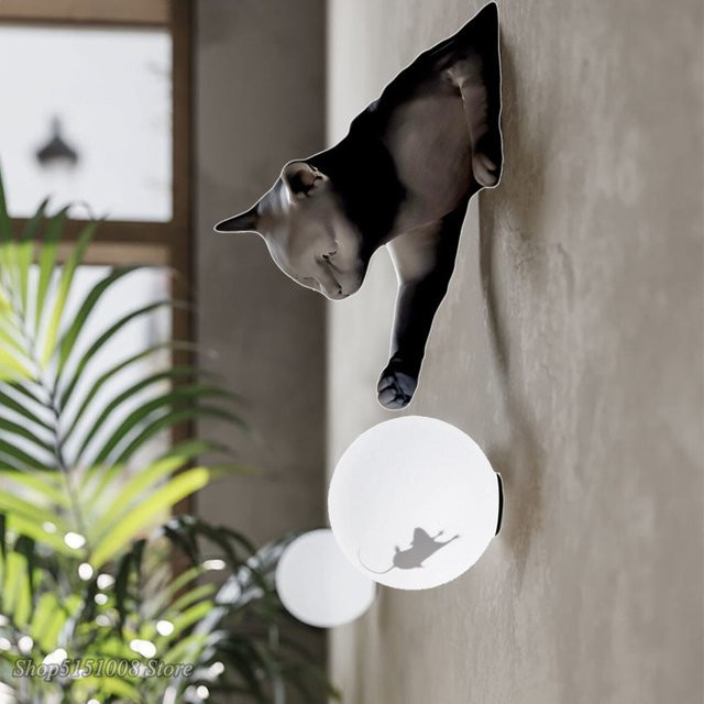 LZPZ RUI Wandlampe im Nordic Stil mit Kätzchen-Statue aus Harz in Weiß und warmweißem Licht - Bild 1