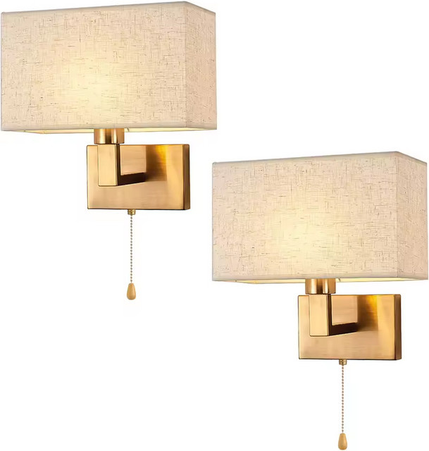 2er-Set LINCCW LED Wandlampen Rechteckig mit Stoffschirm in Weiß und Gelb sowie Kupfergehäuse für Wohnzimmer, Flur und Treppenaufgänge - Bild 1