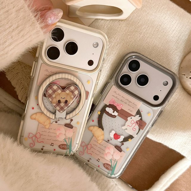 Transparente stoßfeste Handyhülle mit koreanischem Herzchen-Cartoon-Design und Magnethalter für Apple iPhone 17 16 15 14 13 12 Pro Max - Bild 1