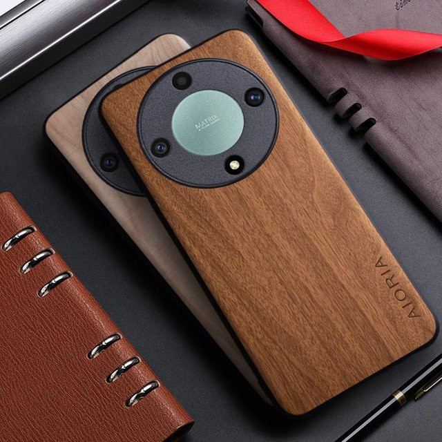 Honor Handyhülle mit Bambus Holz Muster und Leder Rückseite für Honor Magic 5 Pro Lite 90X 90A Pro in Braun und Schwarz - Bild 1