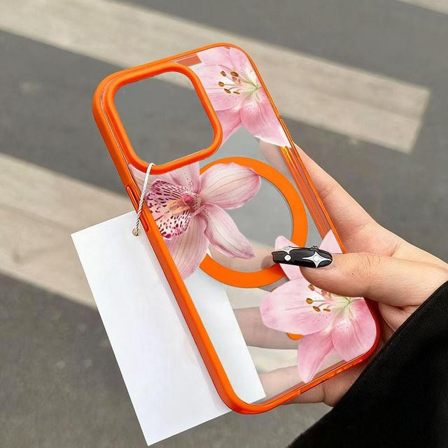 Magnetische Handyhülle mit rosa und orangefarbenem Lilien-Orchideen-Muster für iPhone 11 bis iPhone 17 Pro Max von Binchi Health Electronics - Bild 1