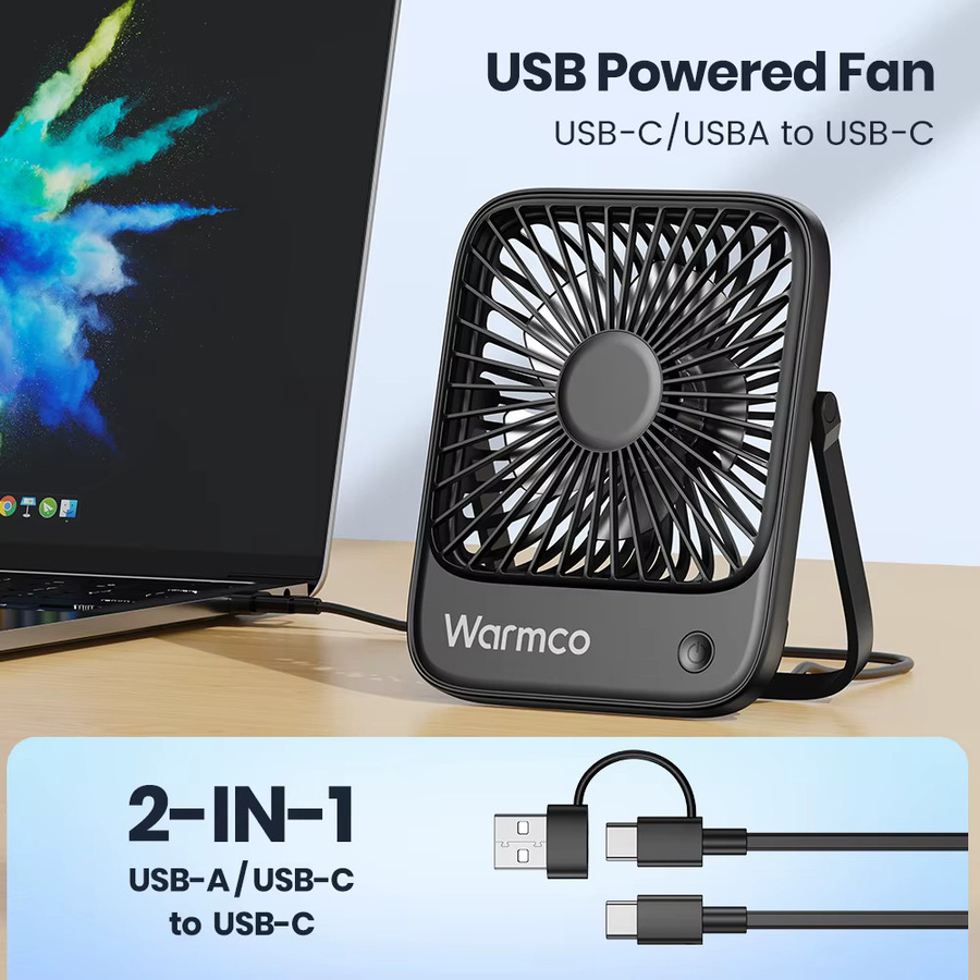 Warmco Mini-USB-Tischventilator in Schwarz mit 3 Geschwindigkeiten und 180 Grad Rotation, tragbarer USB-C-Desktop-Lüfter - Bild 2