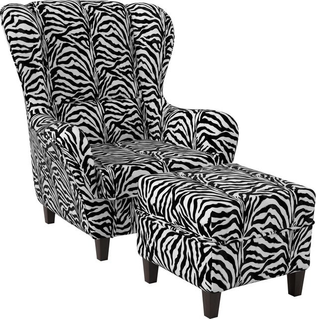 Supellex Sofia Ohrensessel mit Hocker im Zebra-Design aus Tierfellimitat in Schwarzweiß - Bild 1