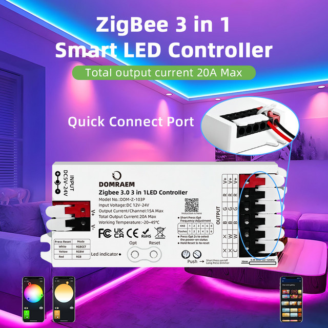 Domraem Zigbee 3.0 LED-Streifen-Controller für RGB, RGBW und RGBCCT, DC 12-24V 20A, kompatibel mit Philips Hue, SmartThings und Amazon Alexa, Farbe: Weiß - Bild 1