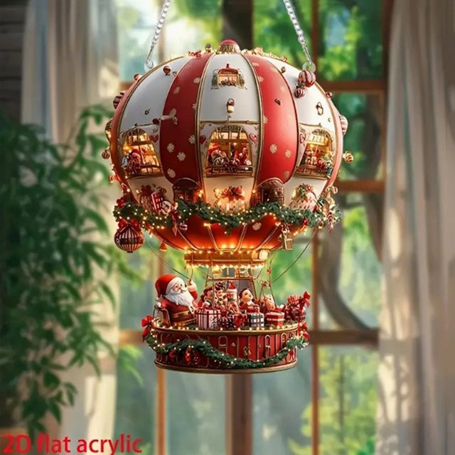 Weihnachtliche Wanddekoration mit Weihnachtsmann im Heißluftballon aus Acryl in Rot - Bild 1