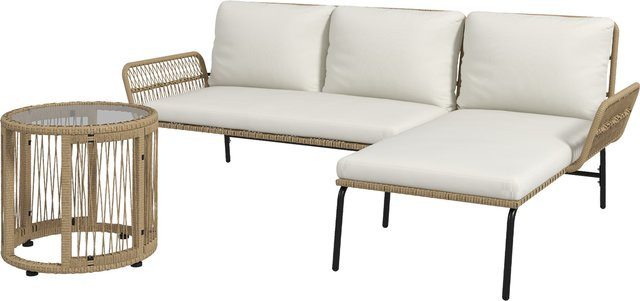 Outsunny Polyrattan Gartenmöbel Set in Natur und Cremeweiß mit L-Form Sitzgruppe, Sonnenliege, Zweisitzersofa, Couchtisch und abnehmbaren Kissen - Bild 1
