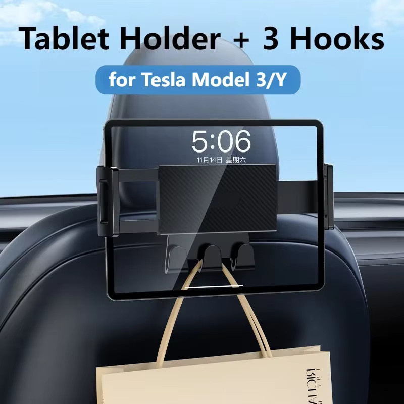 Oatsbasf Autositz-Tablet-Halterung mit Haken für Tesla Model 3, Model Y und Model 3 Highland, schwarze Handyhalterung für 4,7 bis 13 Zoll iPhone, Samsung und iPad - Bild 2