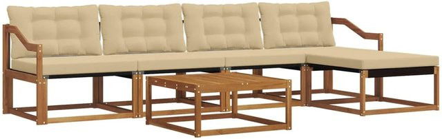 vidaXL 6-teilige Outdoor-Sofagarnitur aus Akazienholz mit Textilene und Kissen in Natur-Beige - Bild 1