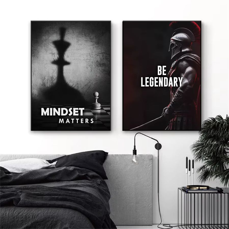 Potdemiel Leinwandgemälde Schach-Mindset mit griechischem König und Schild in Schwarz-Weiß - Bild 2