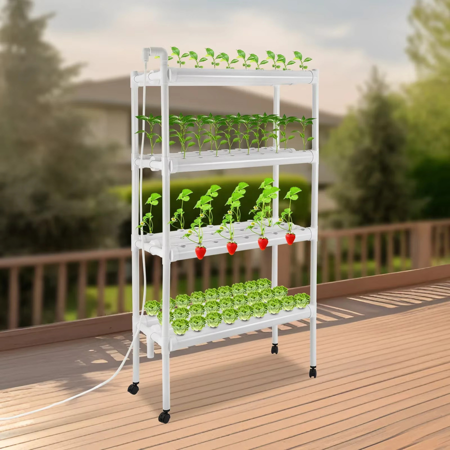 4-lagiges Hydrokultur-Anbausystem-Set in Weiß mit 12 Röhren, Wasserpumpen-Timer und Universalrädern für den Indoor-Pflanzenanbau, H: 144 cm, B: 89 cm, T: 36 cm - Bild 3