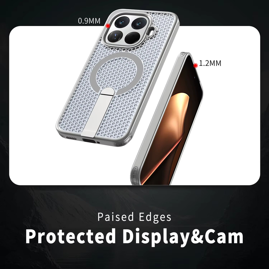 Magnetische und atmungsaktive Kühlhülle für Xiaomi 17 Pro Max, 15T, 14T, POCO F7 und X7 Ultra Pro 5G mit klappbarem Ständer und Fallschutz in Grau - Bild 3