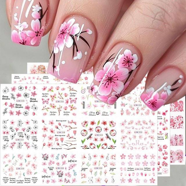 Kirschblüten-Nagelkunst-Aufkleber, Wassertransfer-Abziehbilder, 12 Designs - Bild 1