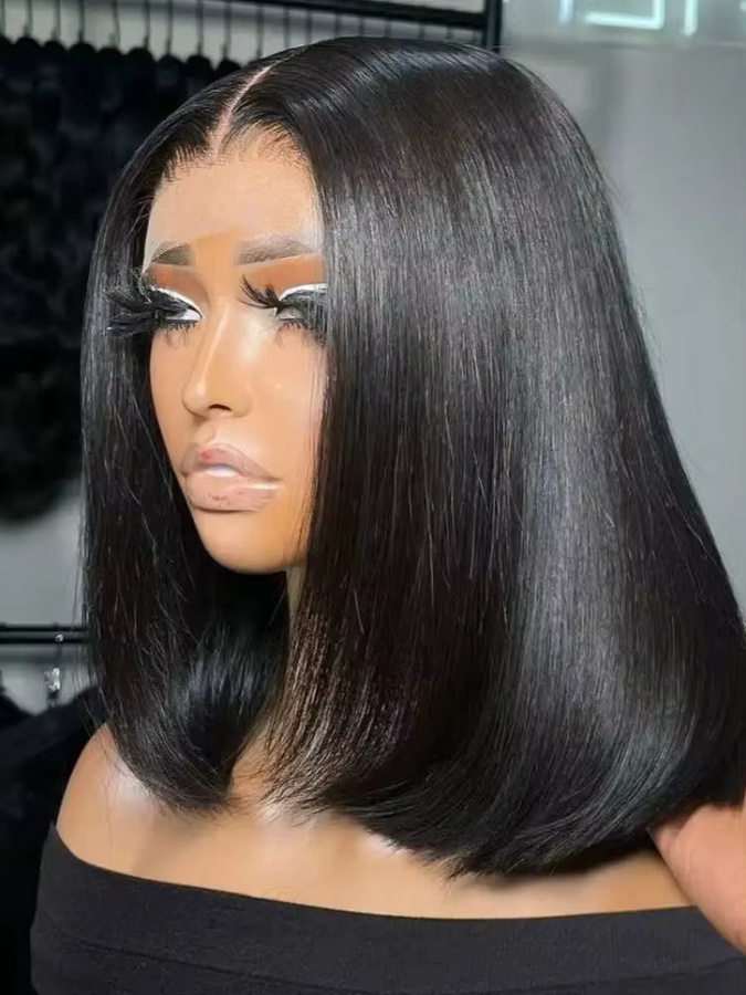 Bob-Perücke aus Echthaar, kurz, glatt, Natur Schwarz, 200 % Dichte, 13x4 HD Lace Frontal, Damen - Bild 9