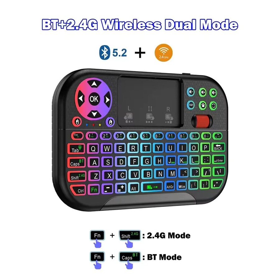 KEBIDUMEI Mini-Tastatur mit RGB-Hintergrundbeleuchtung, Bluetooth und 2.4G kabellos, inklusive Touchpad, Scrollrad und Air Mouse für PC und TV Box, Schwarz - Bild 3