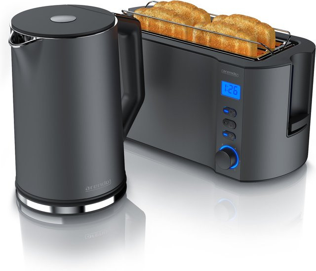Arendo 2-teiliges Frühstücks-Set aus Edelstahl mit Langschlitztoaster für 4 Scheiben und Wasserkocher 1,5 l in Grau - Bild 1