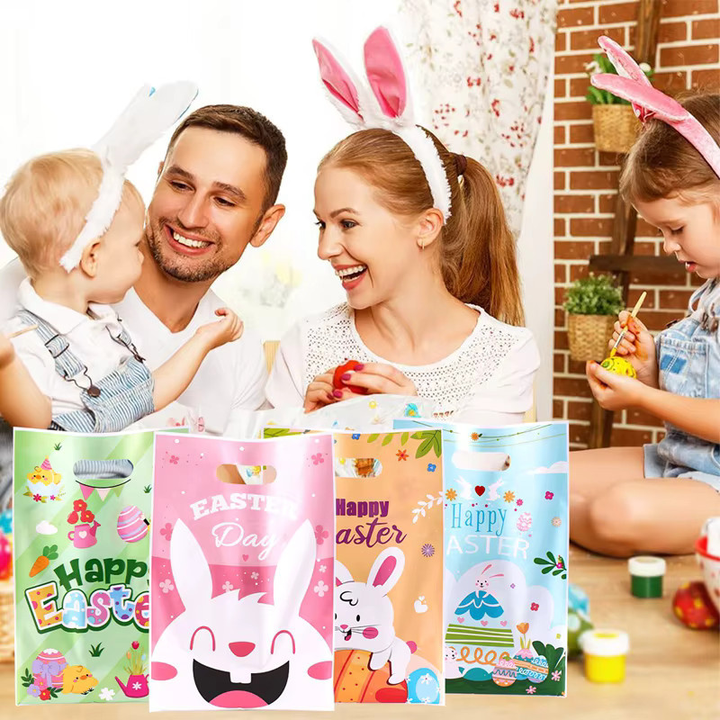 Bunte Oster-Geschenktüten aus Kunststoff mit Osterhase- und Ei-Motiven für die Eiersuche und Osterpartys, Mehrfarbig - Bild 2