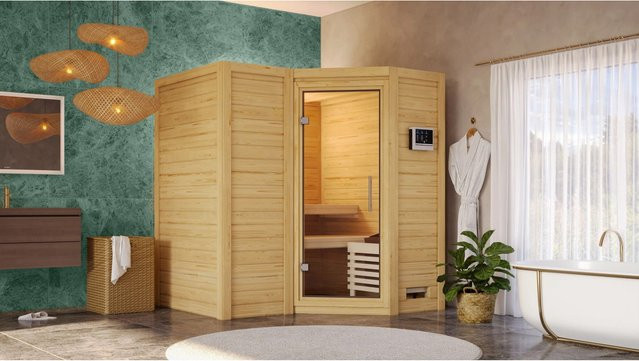 Karibu Massivholzsauna SAHIB 1 aus Fichte und Espe mit 9.0 kW Ofen, Steuergerät und Ganzglastür in Klarglas, Farbe Braun, B/T/H: 193 x 184 x 184 cm - Bild 1