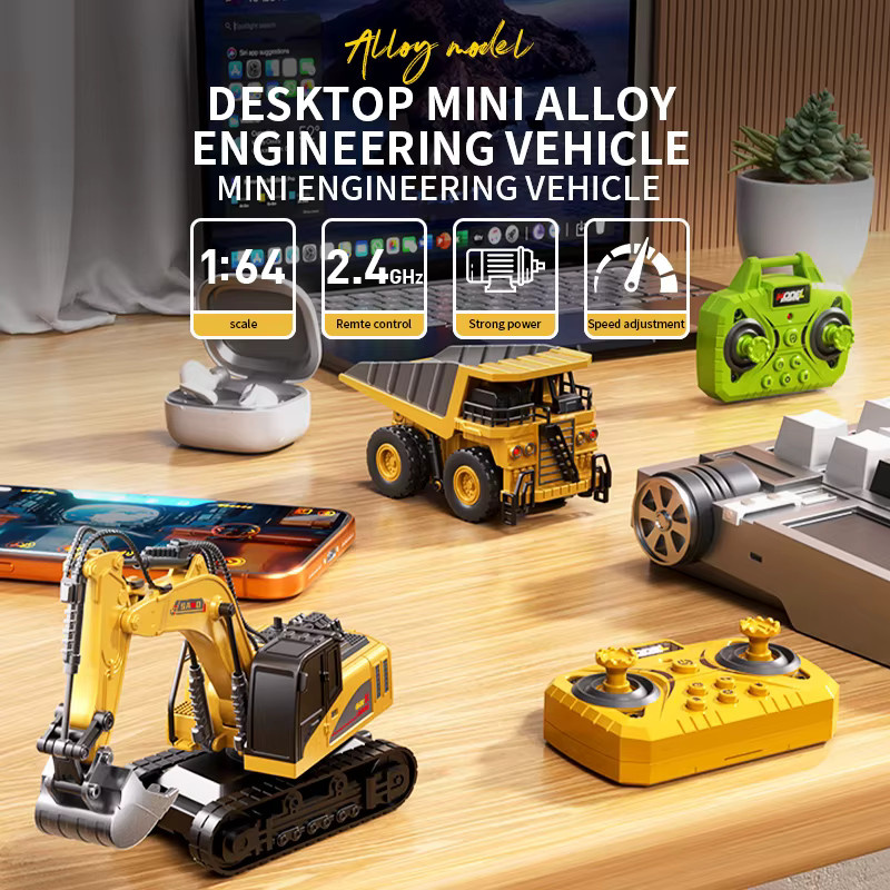 Kelaton RC-Bausatz, 1:64, Gabelstapler mit Anhänger, Bagger, Bulldozer, Kran, Muldenkipper, Metall, ab 6 Jahren - Bild 2