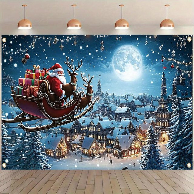 xinghonghui Weihnachts-Banner Wanddekoration mit Weihnachtsmann-Muster im blauen Nachthimmel-Design, B: 150 cm, H: 130 cm - Bild 1
