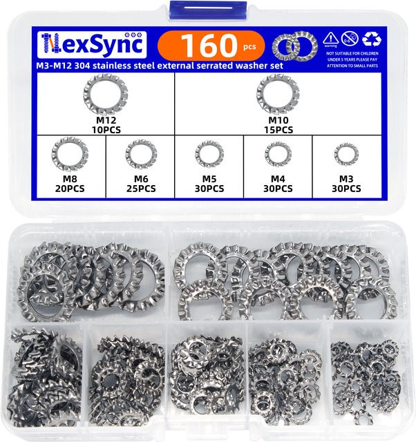 NexSync 160-teiliges Unterlegscheiben-Set aus Edelstahl mit Außenzähnen, Sicherungsscheiben in Silber, passend für M3 M4 M5 M6 M8 M10 M12 - Bild 1