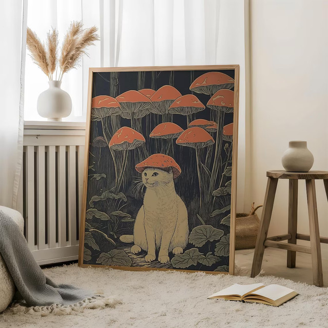 Retro Katzenkunst Poster mit Katze und Pilzhut von SHENCHEN in Mehrfarbig - Bild 1