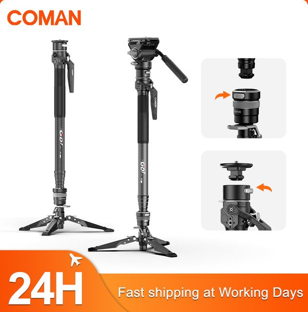 COMAN M1 pro V5 Kohlefaser-Reisestativ 4-teilig mit Ein-Klick-Hebesystem und Schnellwechselplatte in Schwarz - Bild 1