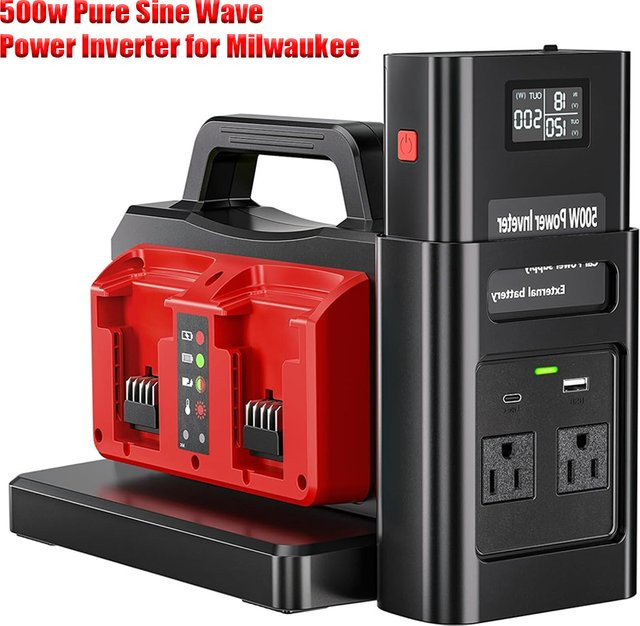 Milwaukee Stromwandler für 18V Akkus mit AC 120V/220V, USB Typ-C und DC Zigarettenanzünder in Schwarz - Bild 1