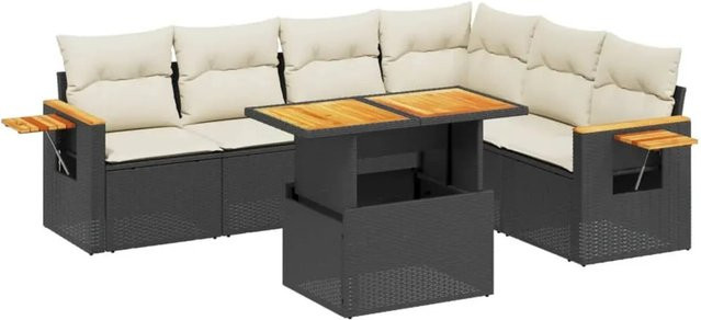 vidaXL 7-teilige Garten-Sofagarnitur in L-Form aus schwarzem Poly-Rattan mit Kissen und Akazienholz - Bild 1