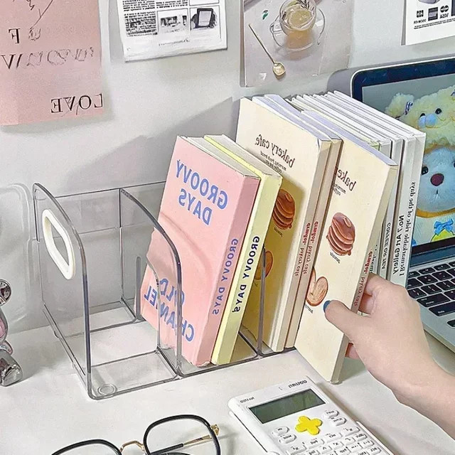 Praktische Buchstützen aus transparentem Acryl mit Griff und Mehrfachfächern als Schreibtisch-Organizer und Desktop-Sortierregal - Bild 1