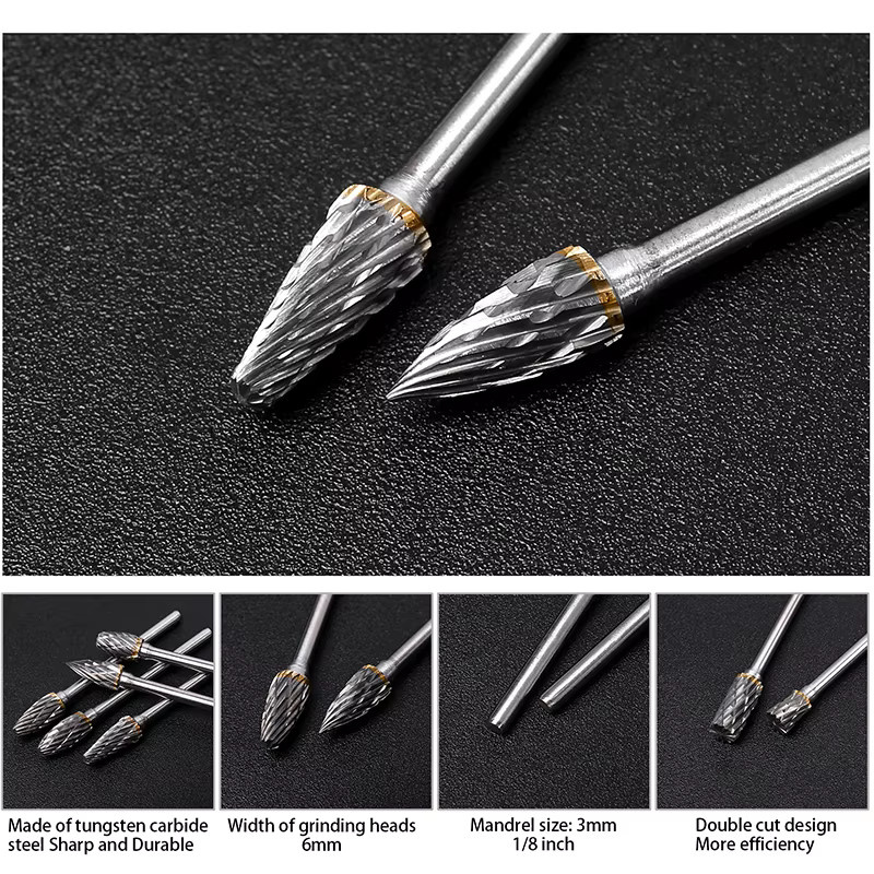 LUCHSHIY Hartmetall-Frässtift-Set aus Wolframkarbid, 10 Stück, Farbe Silber, 1/8 Zoll Schaft, doppelter Schnitt für Metall und Holz - Bild 3