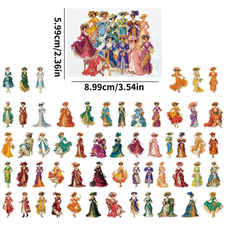 56 Stück Viktorianische Damen Kleider-Sticker von BulingBulingStickers Store, transparente PET-Aufkleber für DIY-Dekoration und Handwerk, Multicolour - Bild 2