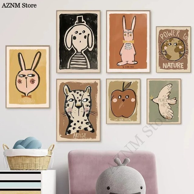 Abstrakte Leinwand Wandkunst von Potdemiel mit Cartoon Tier und Obst Motiv in Weiß und Mehrfarbig - Bild 1
