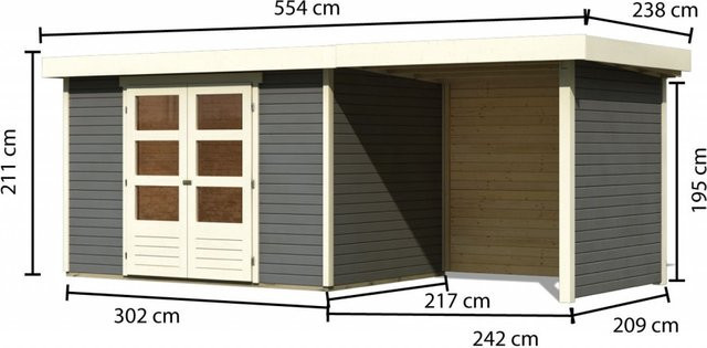 Gartenhaus ASKOLA 4 in Terragrau mit 19 mm Wandstärke, inklusive 240 m Anbaudach sowie Rück- und Seitenwand, B/T: 302 x 217 m - Bild 1