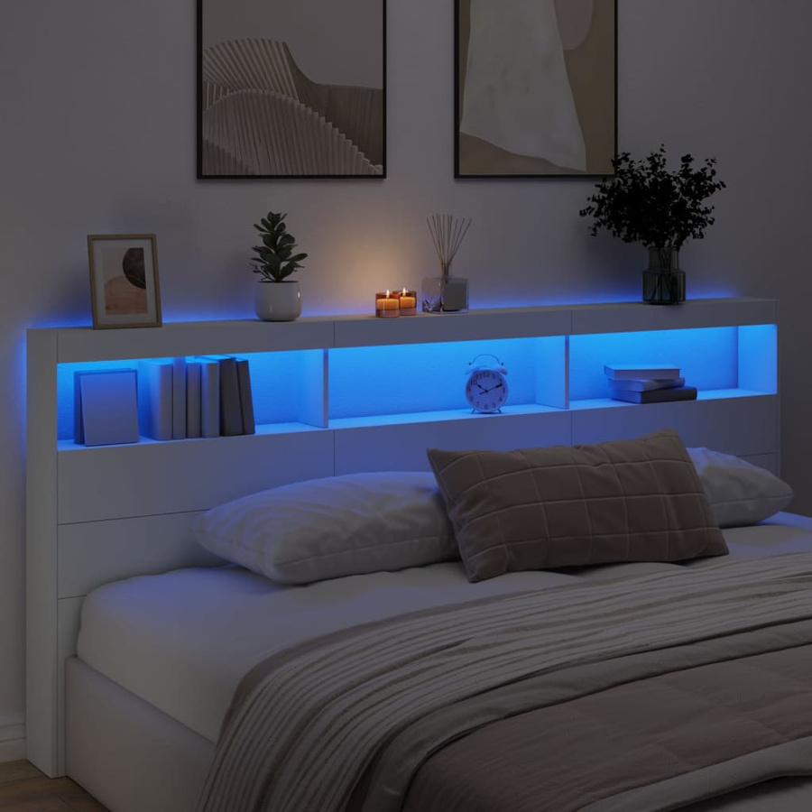 vidaXL LED-Bettkopfteil mit Regalen und USB-Anschluss, Weiß, B: 220 cm, T: 17 cm, H: 102 cm - Bild 3