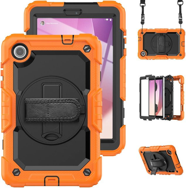 Silikon Kinderhülle für Samsung Galaxy Tab M8 4. Generation TB301FU TB300XU TB300FU mit Ständer, Handgelenkband und Displayschutz in Orange - Bild 1