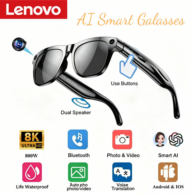 Lenovo Smart AI-Brille mit 8K HD Aufnahmekamera für Foto und Video, wasserdicht mit Bluetooth für Sprachanrufe und Übersetzung - Bild 1