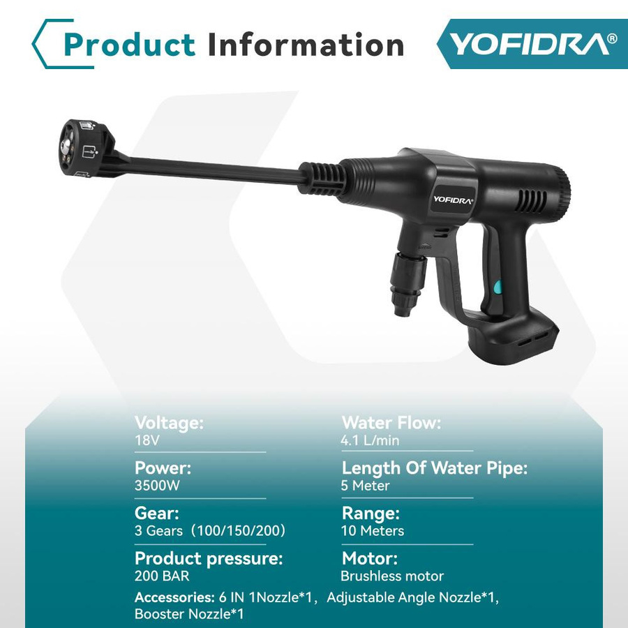 YOFIDRA 6in1 Bürstenloser Hochdruckreiniger mit 200 Bar und Akku für Makita 21V 18V Pin - Bild 6